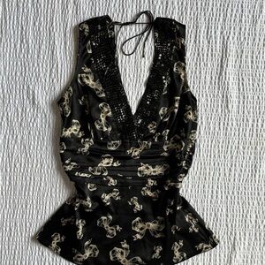 Y2K BEBE Black Bow Print Sequin V-Neck Going Out Top